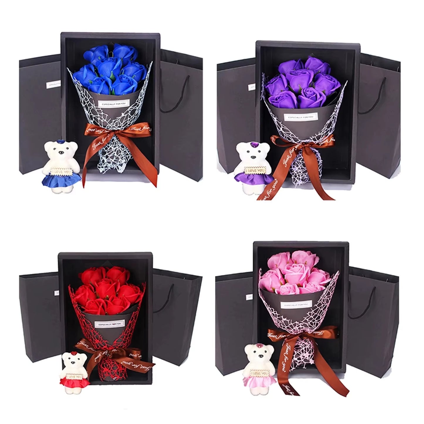 Valentine'S Day Artificial Flowers 7 Rose Soap Bouquet Gift Box Teddy Bear Flower