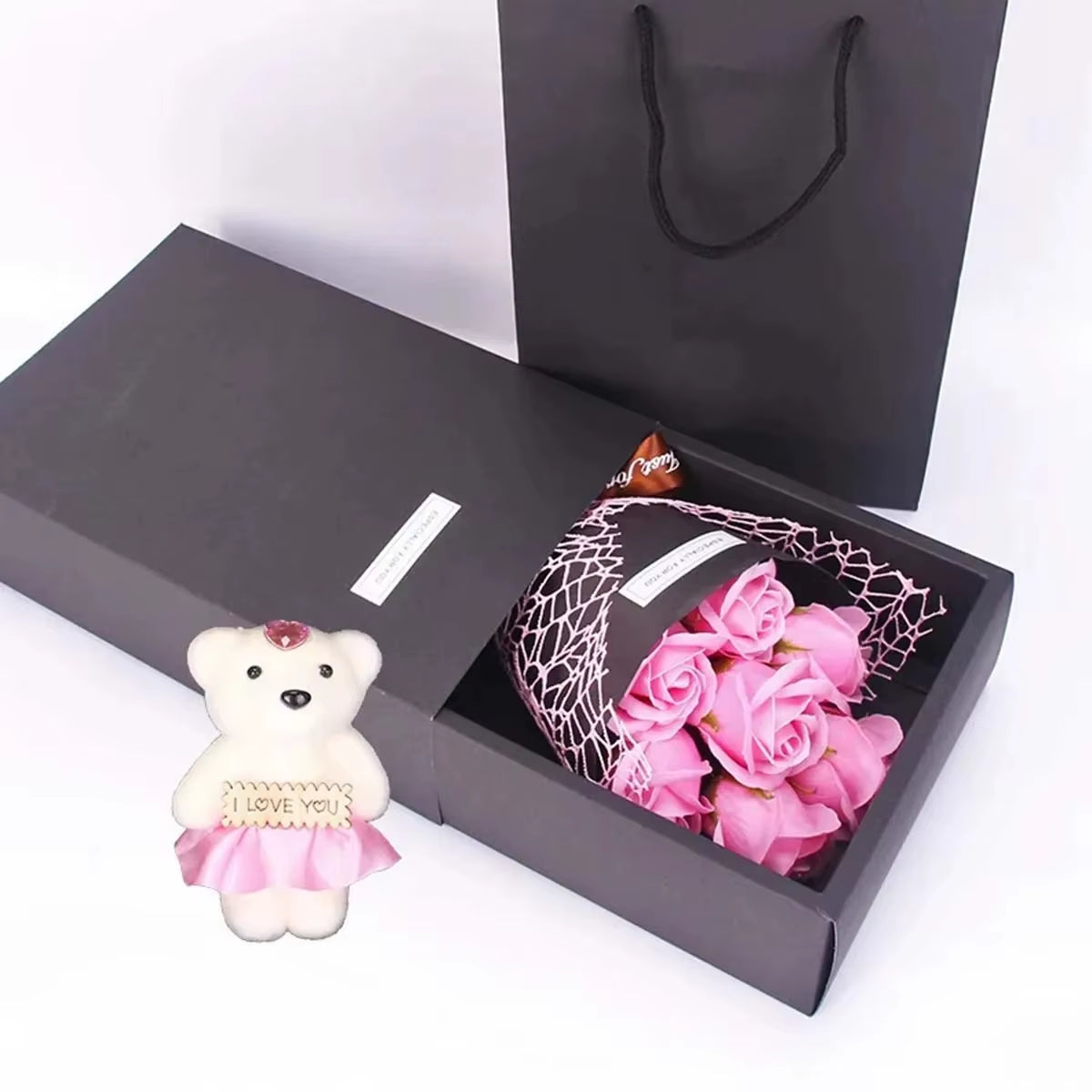 Valentine'S Day Artificial Flowers 7 Rose Soap Bouquet Gift Box Teddy Bear Flower