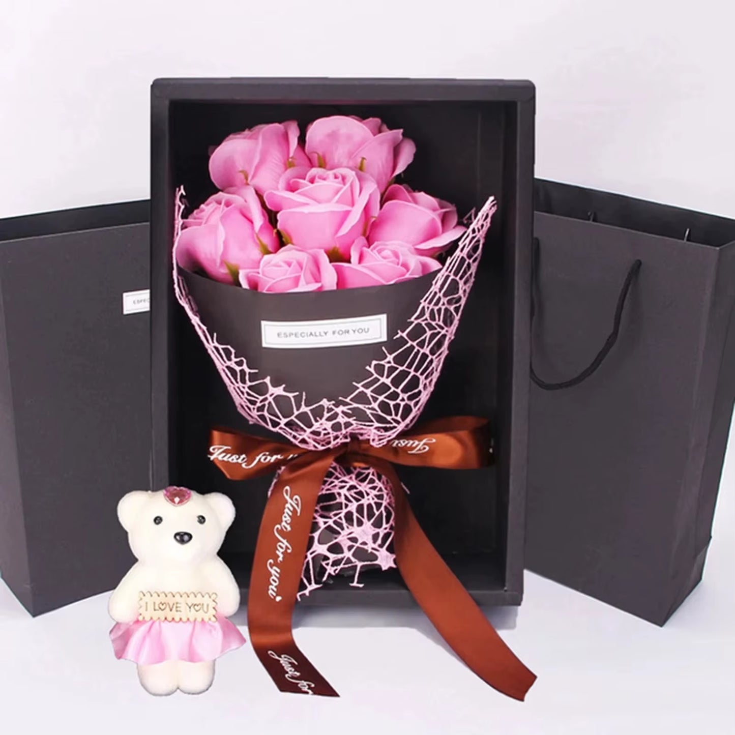 Valentine'S Day Artificial Flowers 7 Rose Soap Bouquet Gift Box Teddy Bear Flower