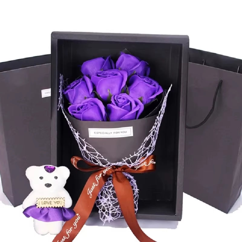 Valentine'S Day Artificial Flowers 7 Rose Soap Bouquet Gift Box Teddy Bear Flower