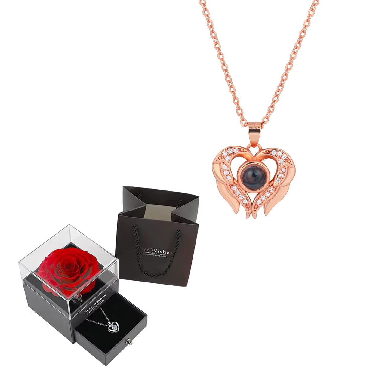 Projection Necklace Set with Rose Gift Box 100 Languages I Love You Heart Pendant Jewelry 2024 for Girlfriend Gifts Dropshipping