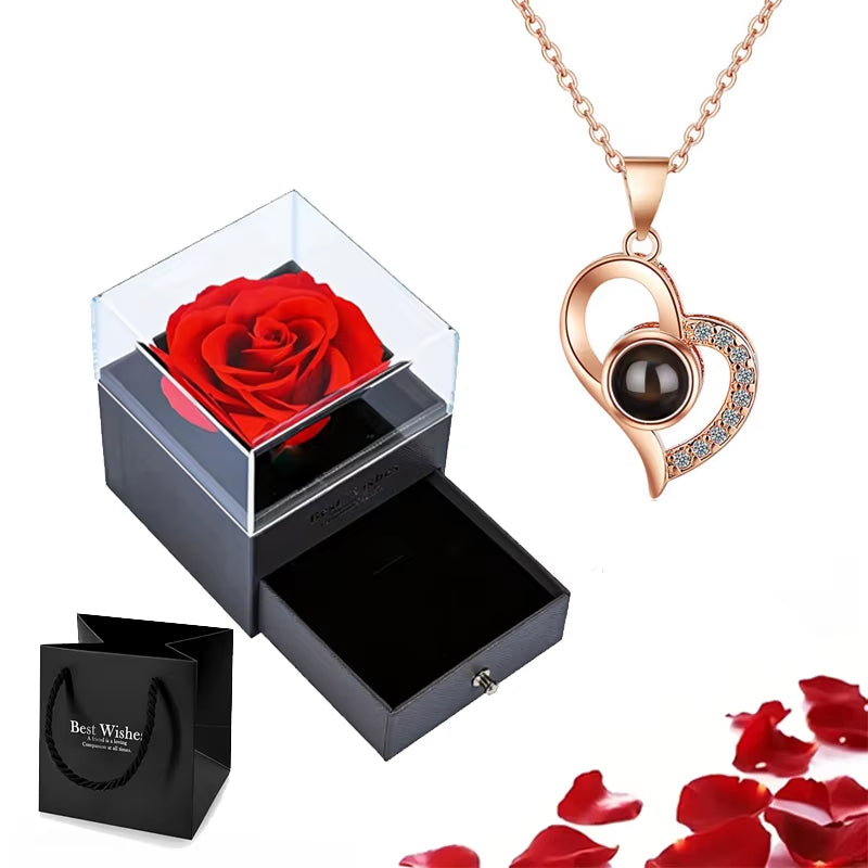 Projection Necklace Set with Rose Gift Box 100 Languages I Love You Heart Pendant Jewelry 2024 for Girlfriend Gifts Dropshipping