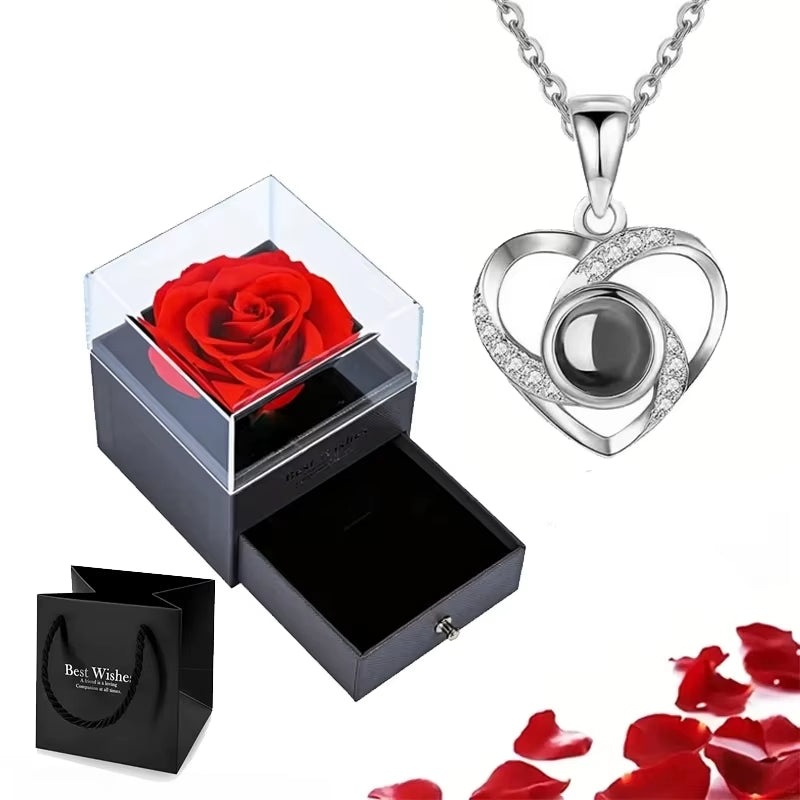 Projection Necklace Set with Rose Gift Box 100 Languages I Love You Heart Pendant Jewelry 2024 for Girlfriend Gifts Dropshipping