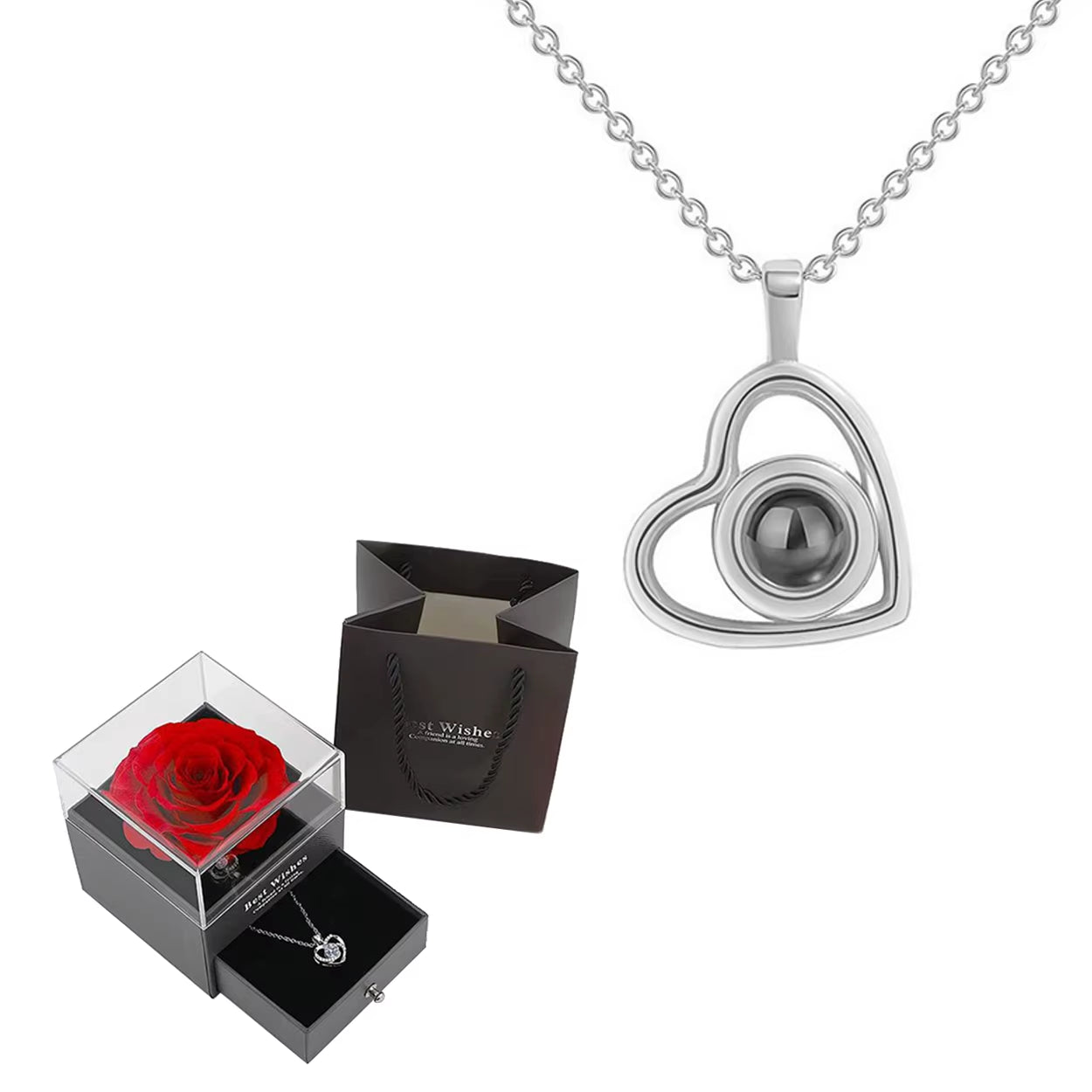 Projection Necklace Set with Rose Gift Box 100 Languages I Love You Heart Pendant Jewelry 2024 for Girlfriend Gifts Dropshipping