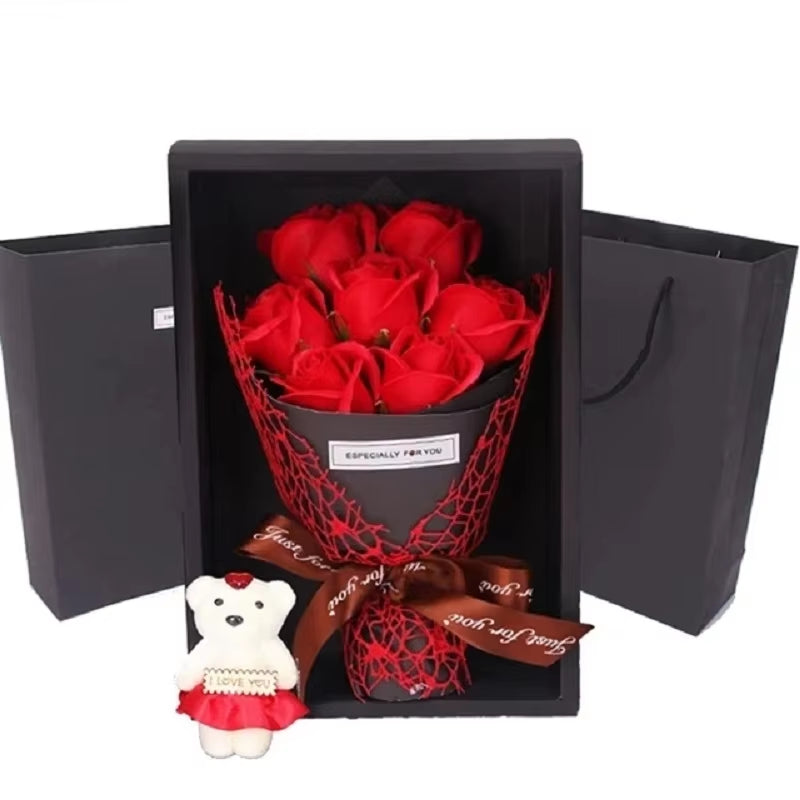 Valentine'S Day Artificial Flowers 7 Rose Soap Bouquet Gift Box Teddy Bear Flower 