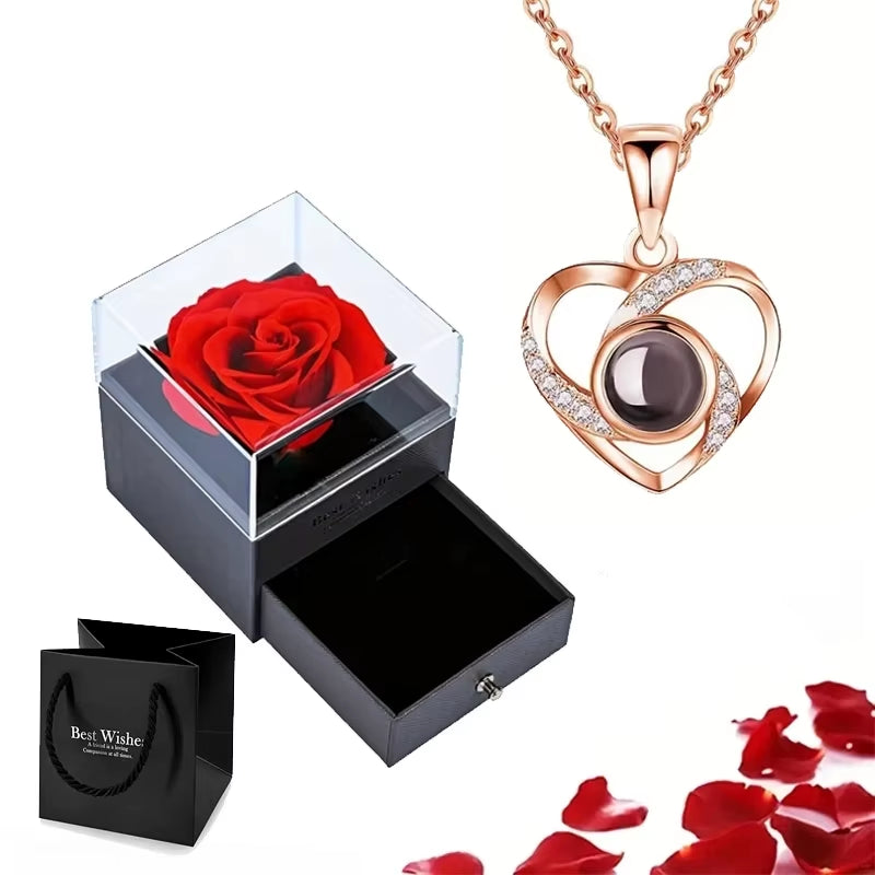 Projection Necklace Set with Rose Gift Box 100 Languages I Love You Heart Pendant Jewelry 2024 for Girlfriend Gifts Dropshipping