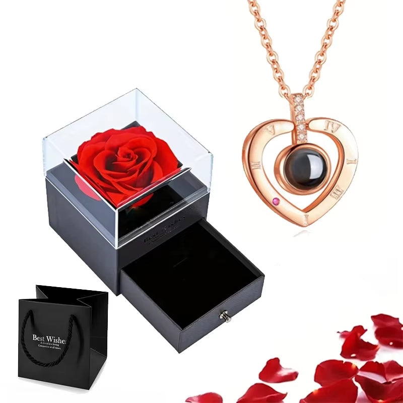 Projection Necklace Set with Rose Gift Box 100 Languages I Love You Heart Pendant Jewelry 2024 for Girlfriend Gifts Dropshipping