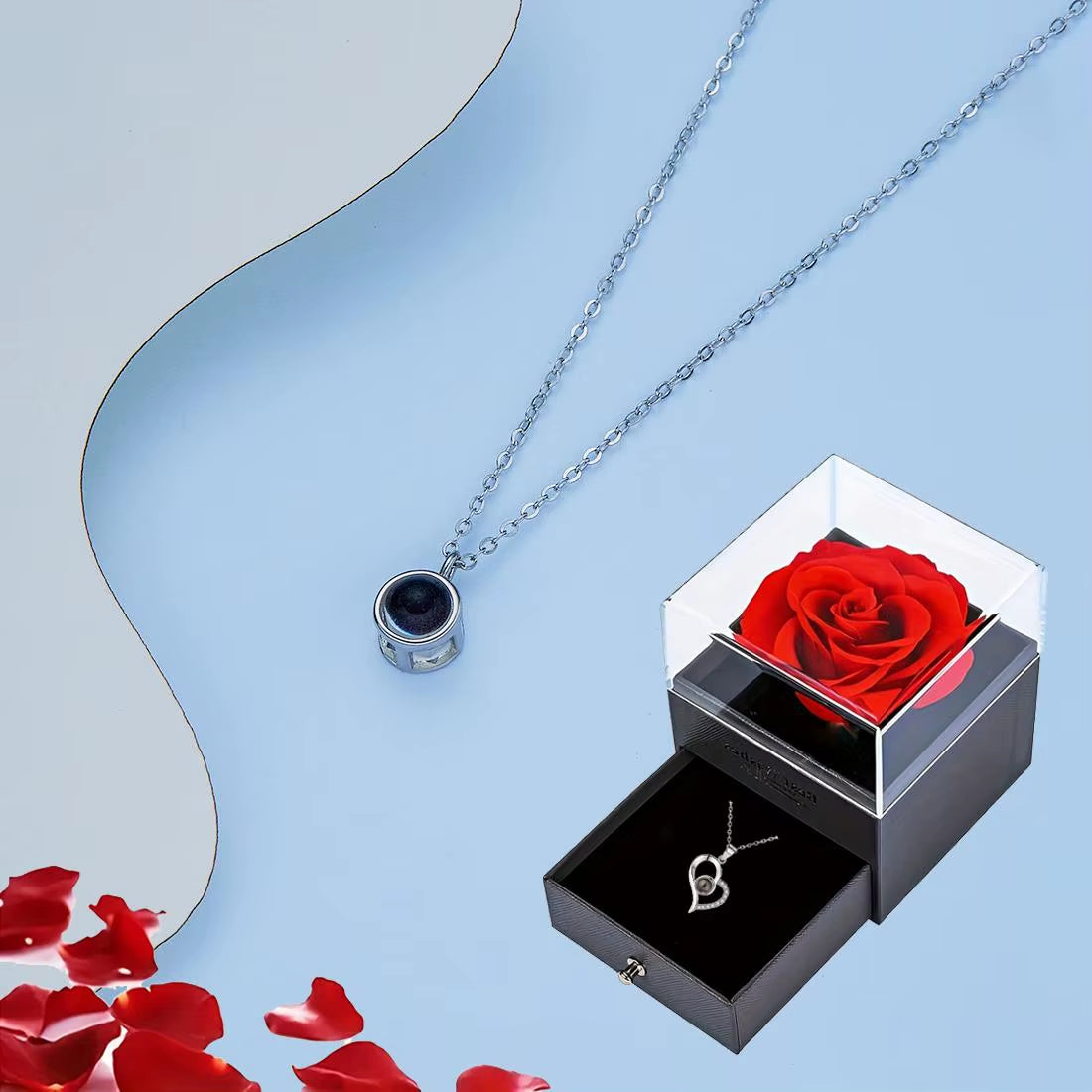 Projection Necklace Set with Rose Gift Box 100 Languages I Love You Heart Pendant Jewelry 2024 for Girlfriend Gifts Dropshipping