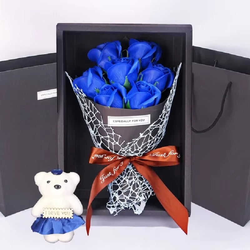 Valentine'S Day Artificial Flowers 7 Rose Soap Bouquet Gift Box Teddy Bear Flower 