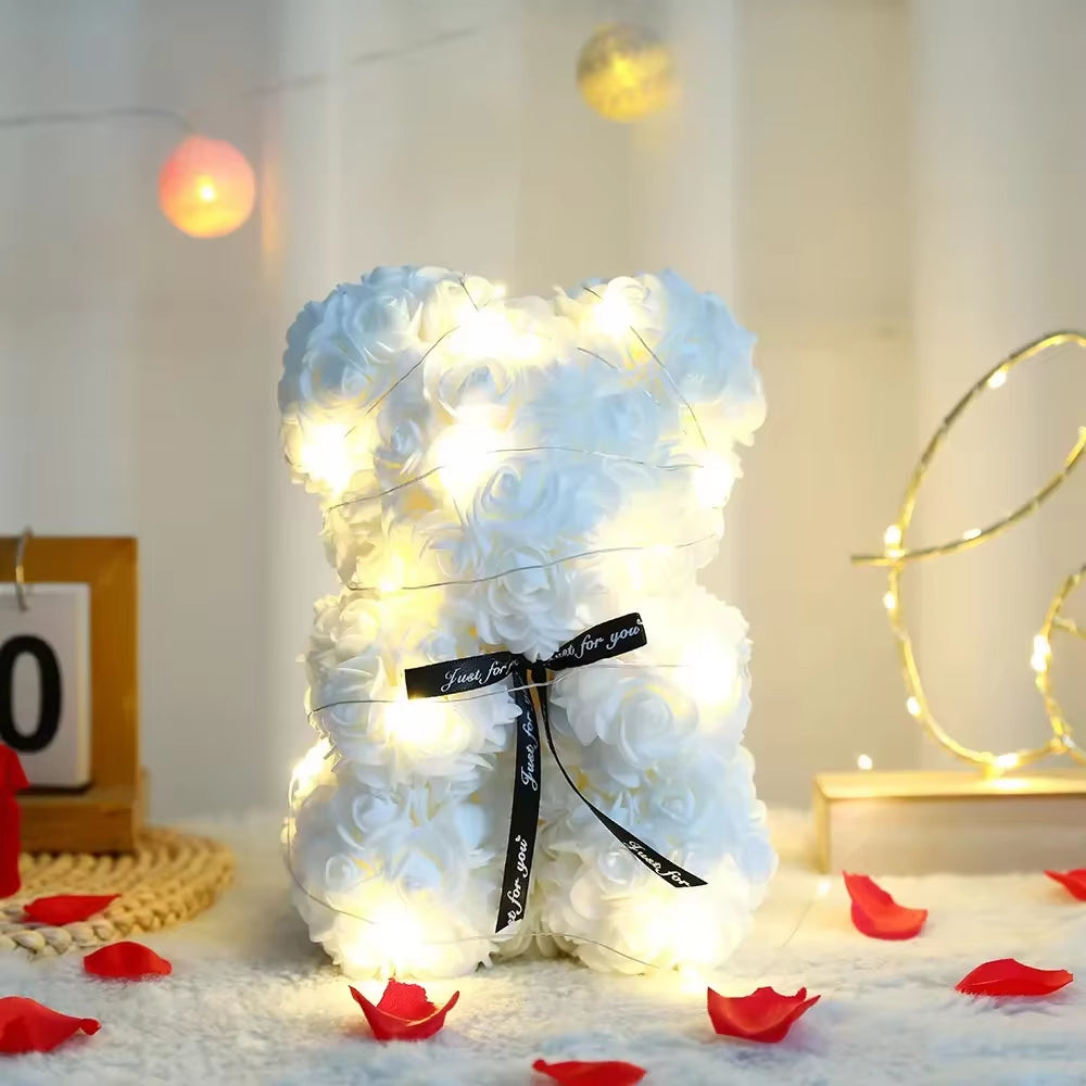 25Cm Artificial Teddy Rose Flower Bear with Box Romantic Valentines Day Gift Girlfriend Women Anniversary Wedding Party Supplies