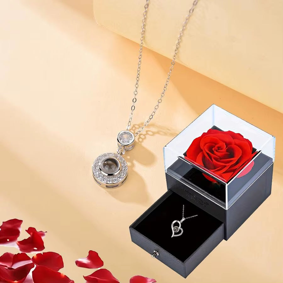 Projection Necklace Set with Rose Gift Box 100 Languages I Love You Heart Pendant Jewelry 2024 for Girlfriend Gifts Dropshipping