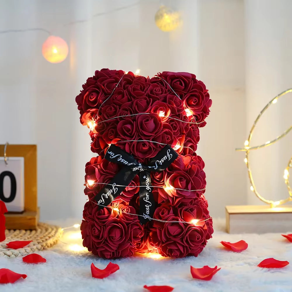 25Cm Artificial Teddy Rose Flower Bear with Box Romantic Valentines Day Gift Girlfriend Women Anniversary Wedding Party Supplies