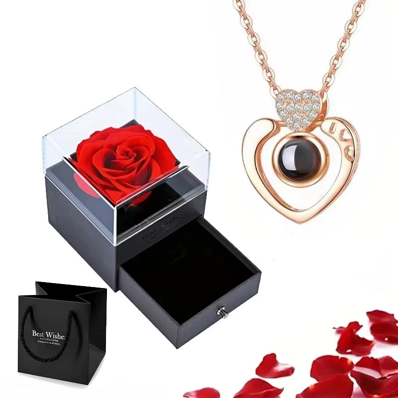 Projection Necklace Set with Rose Gift Box 100 Languages I Love You Heart Pendant Jewelry 2024 for Girlfriend Gifts Dropshipping