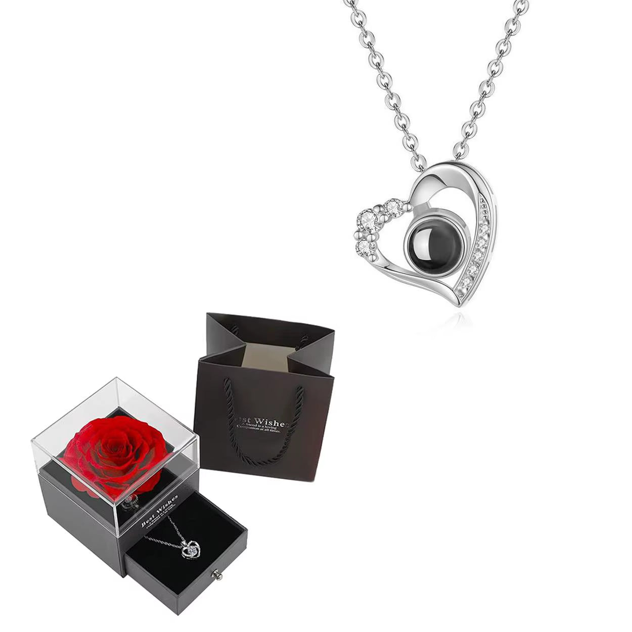 Projection Necklace Set with Rose Gift Box 100 Languages I Love You Heart Pendant Jewelry 2024 for Girlfriend Gifts Dropshipping